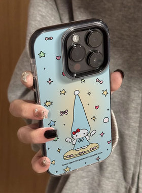 蓝色晕染长帽子kitty猫适用苹果16promax全包边防摔15pro小众高级感iPhone14可爱女生13黑边手机壳12不撞款