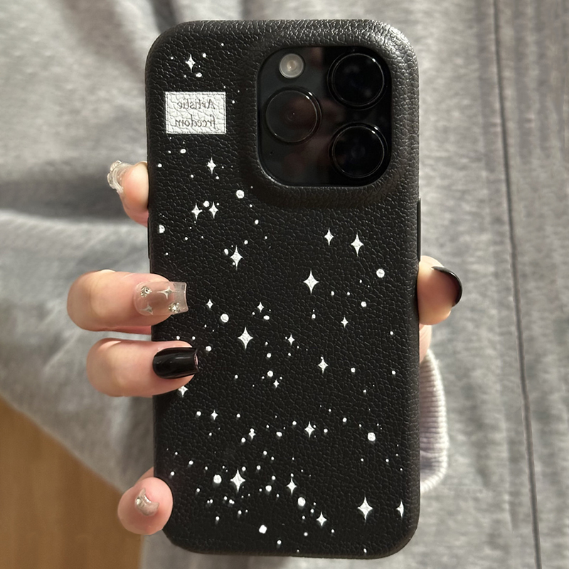 黑色皮纹星星手机壳简约高级感