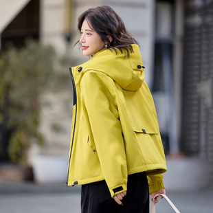 黄色连帽冲锋衣外套女款 加绒夹棉休闲短棉服 秋小个子2025秋冬新款