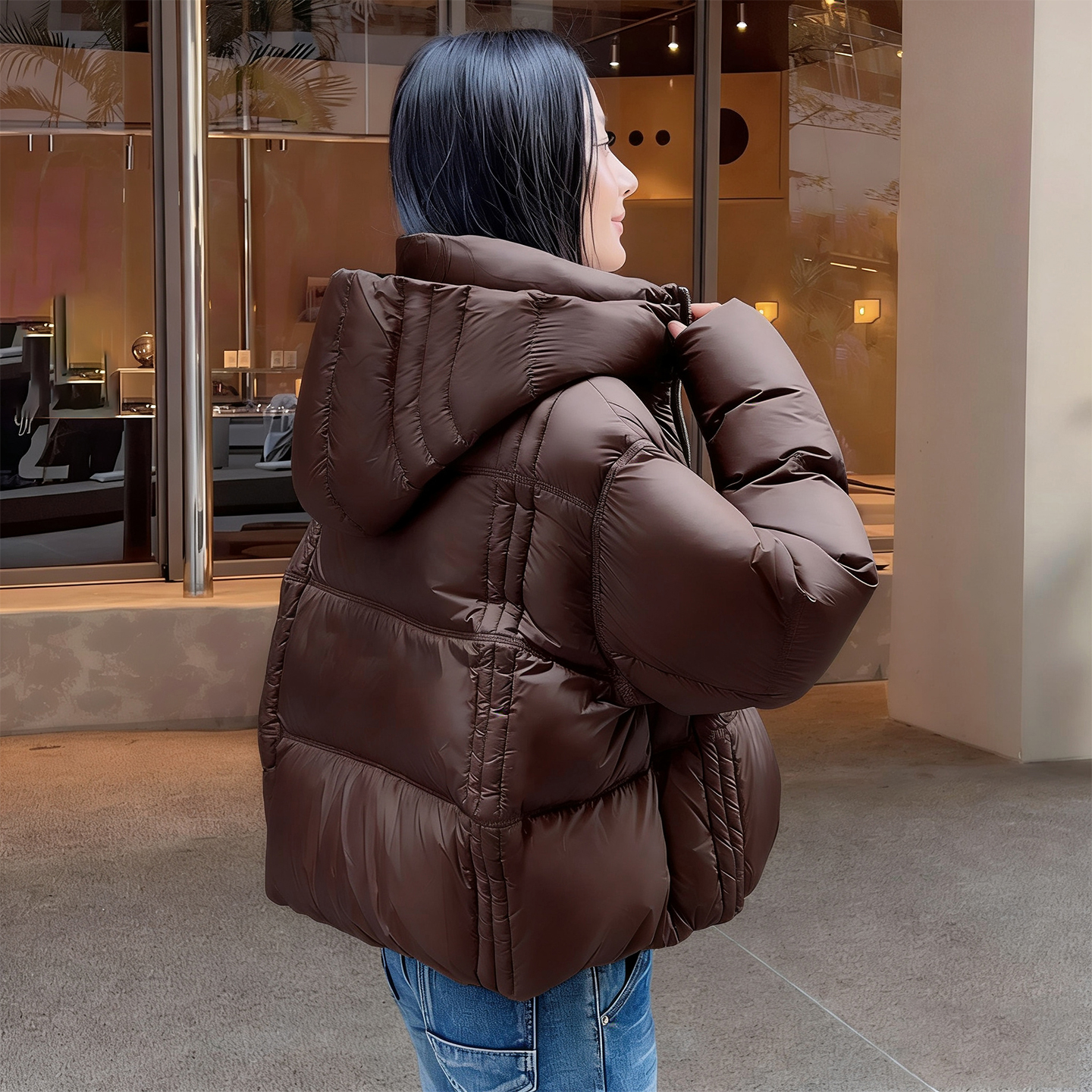 美拉德风连帽短款羽绒服女2025冬季新款小个子泡芙面包服保暖外套