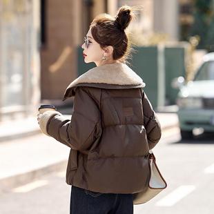 女士pu皮免洗外套 咖色大翻领羽绒服女冬季 2024新款 女款 小个子短款