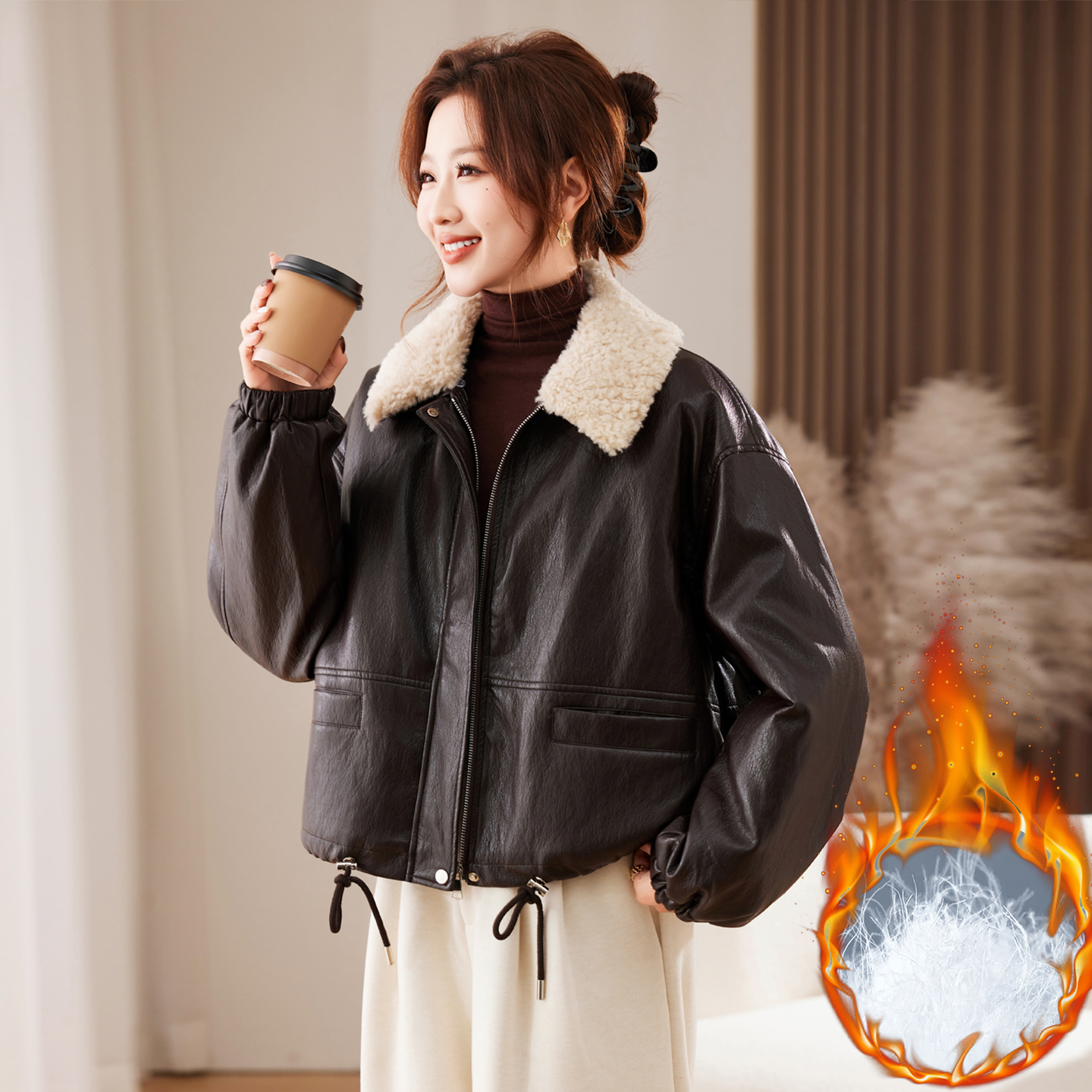 高端柔软蛋白皮皮衣羽绒服女外套