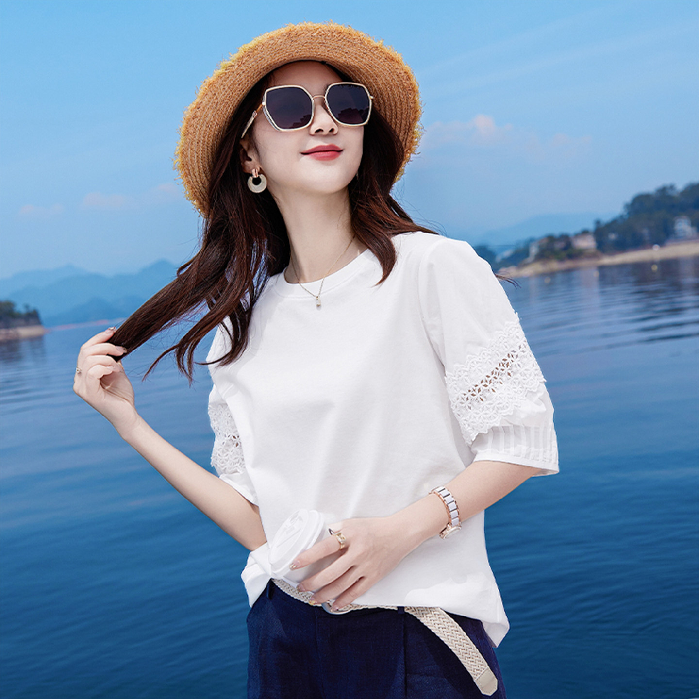 100%纯棉白色短袖t恤女2025新款夏季蕾丝镂空宽松减龄女款短上衣