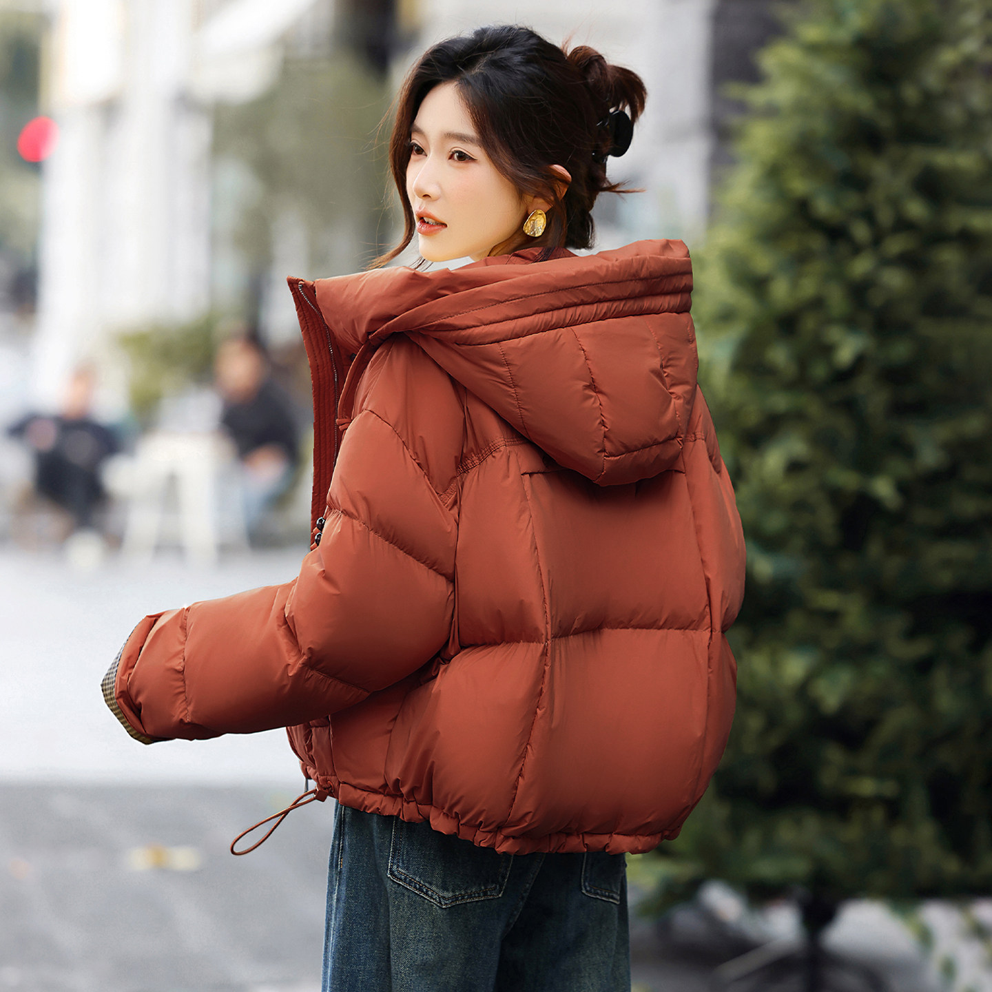 韩系格子短羽绒服加厚白鸭绒外套