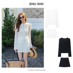 针织小香风设计感白色镂空气质针织裙套装 春季 柔纱墨染 祝喜喜