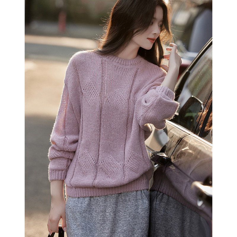 德玛纳雅致圆领针织衫女冬季新款都市静奢风粗针大麻花慵懒上衣