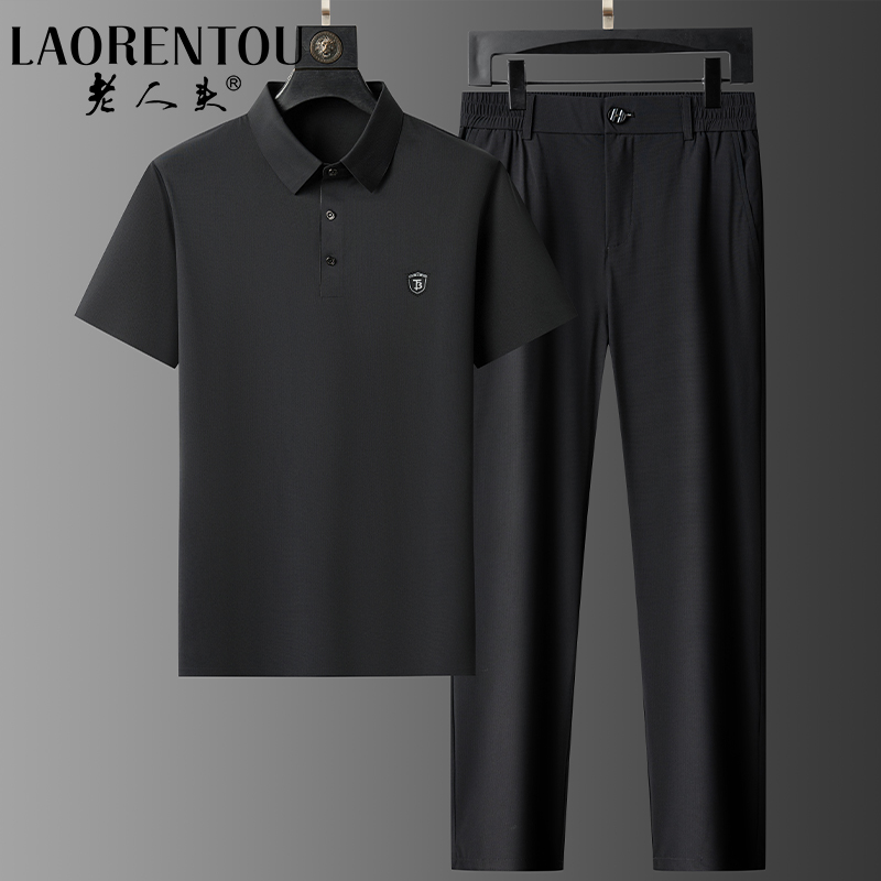 老人头爸爸夏季套装2024新款短袖冰丝薄款运动休闲中年男士两件套