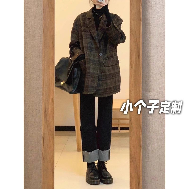 150小矮个子呢子格纹大衣女秋冬复古毛呢外套高级感短款西装上衣