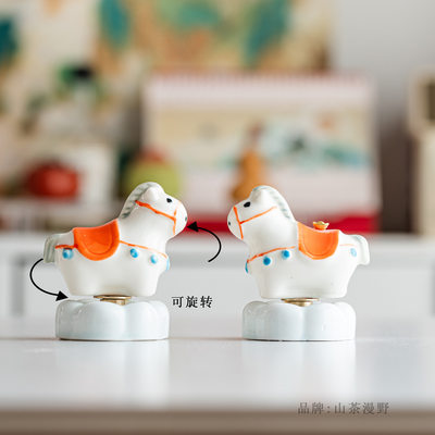 陶瓷马年时来运转茶桌摆件饰品汽车装饰车载马上有钱转转乐摆车上