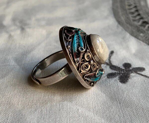 创汇时期老北京花丝镶嵌厂s925纯手工银花丝烧蓝镶嵌红宝石戒指