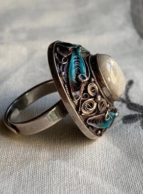 创汇时期老北京花丝镶嵌厂s925纯手工银花丝烧蓝镶嵌红宝石戒指