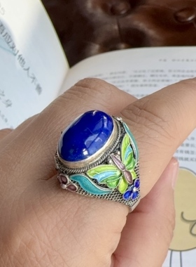 创汇时期纯手工银花丝烧蓝镶嵌青金石戒指 活圈口
