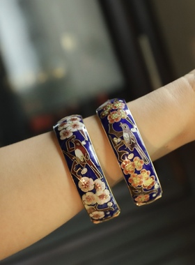 回流收藏级别创汇时期蓝地景泰蓝喜上眉梢卡扣手镯开口手镯