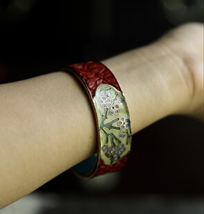 漆景结合创汇时期老景泰蓝手镯雕漆胎双工艺纯手工宽版直版镯子