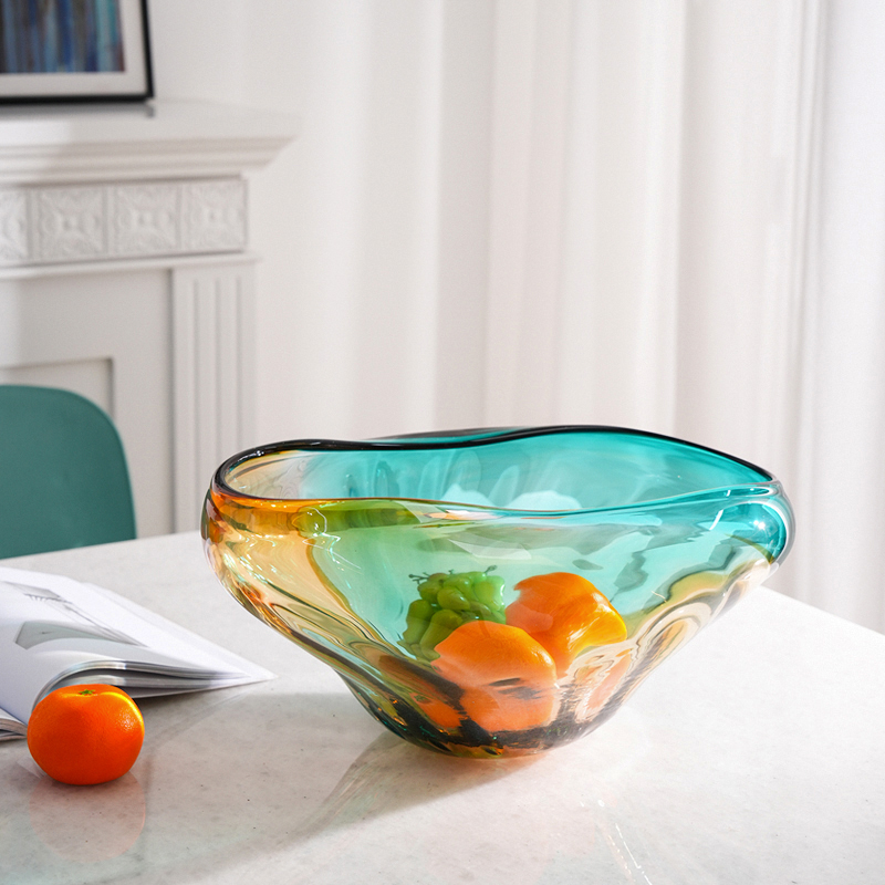 现代轻奢彩色琉璃大果盘客厅摆件