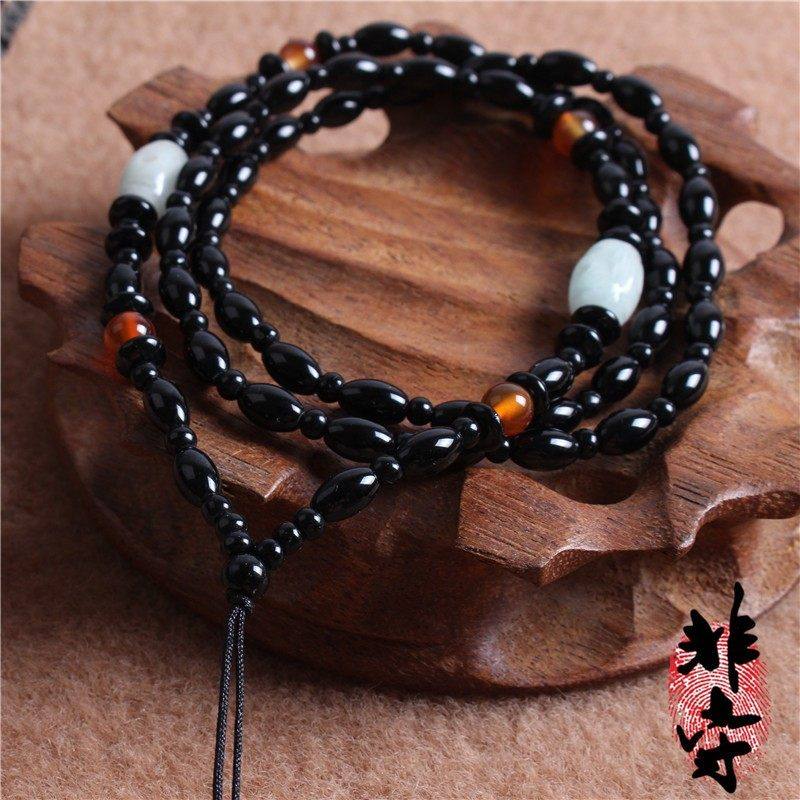 黑玛瑙编织吊坠项链绳男女款链子毛衣配链手工编织佛牌项链挂件绳