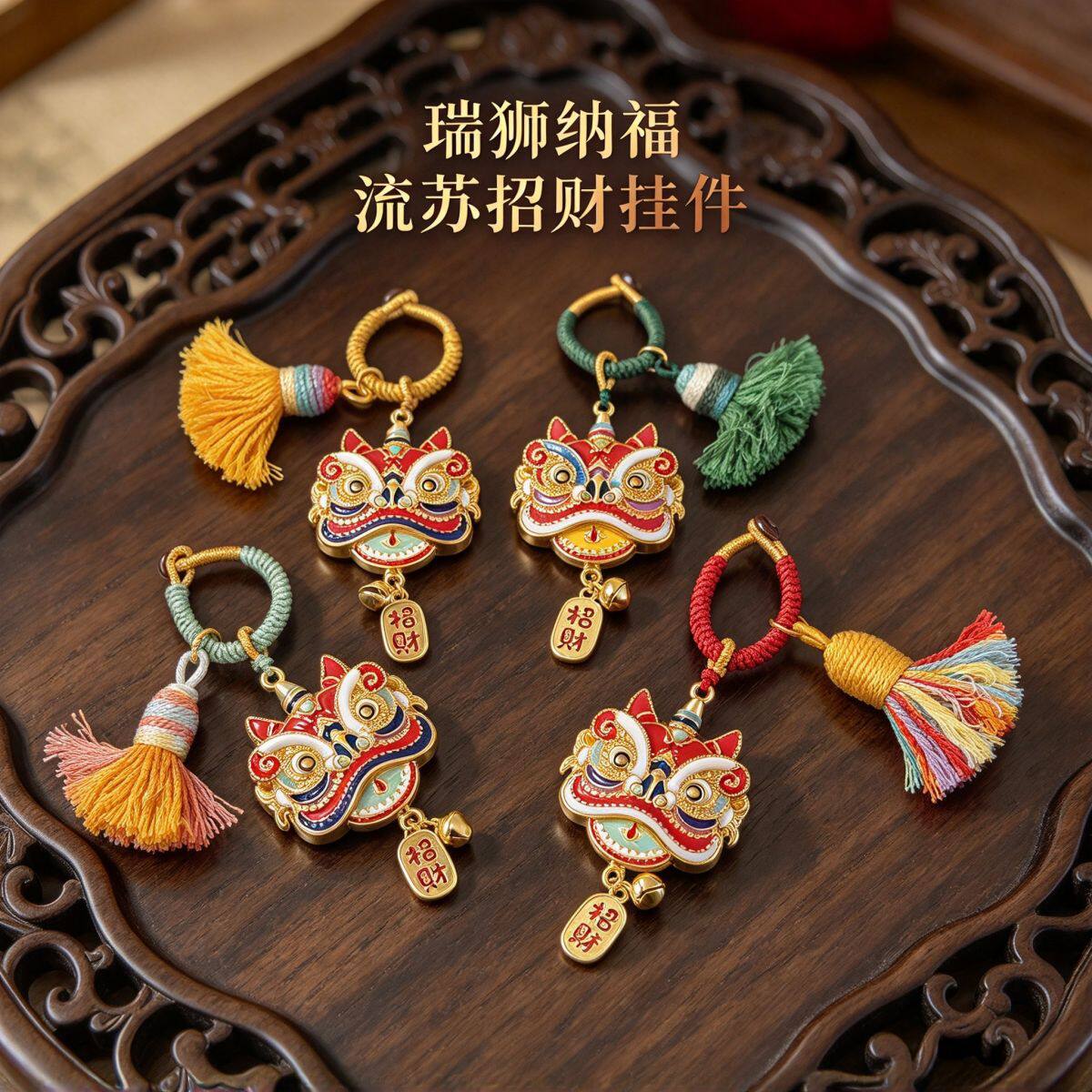 国潮醒狮手工铃铛流苏钥匙扣配件