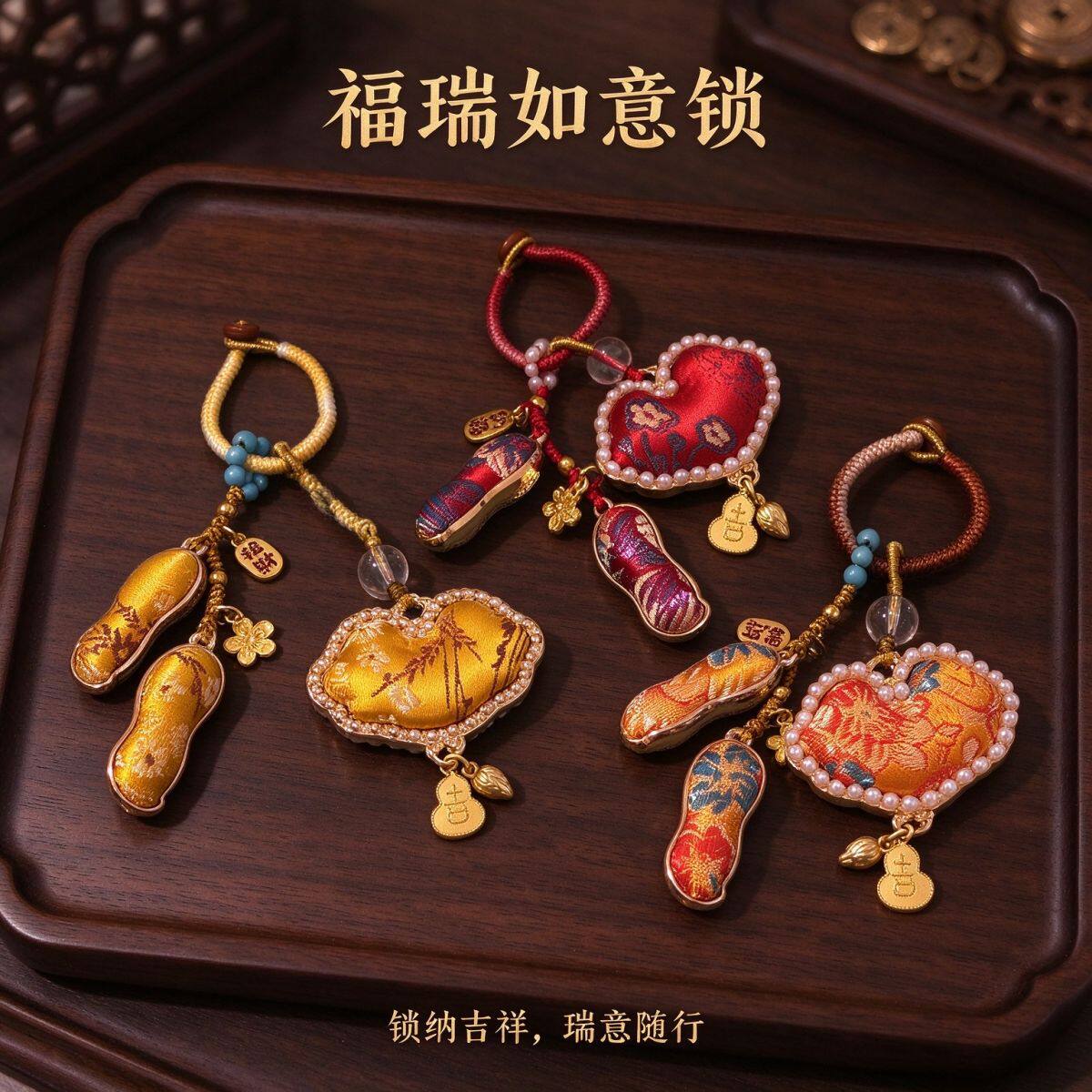 宋锦福瑞花生如意平安锁钥匙扣