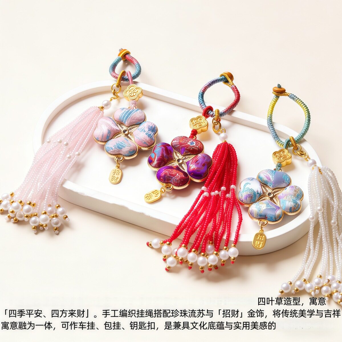 宋锦双面四叶草珍珠流苏包挂件