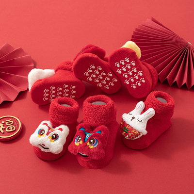宝宝袜子冬款加厚防滑软底新生儿童袜子新年大红色婴儿保暖冬季袜