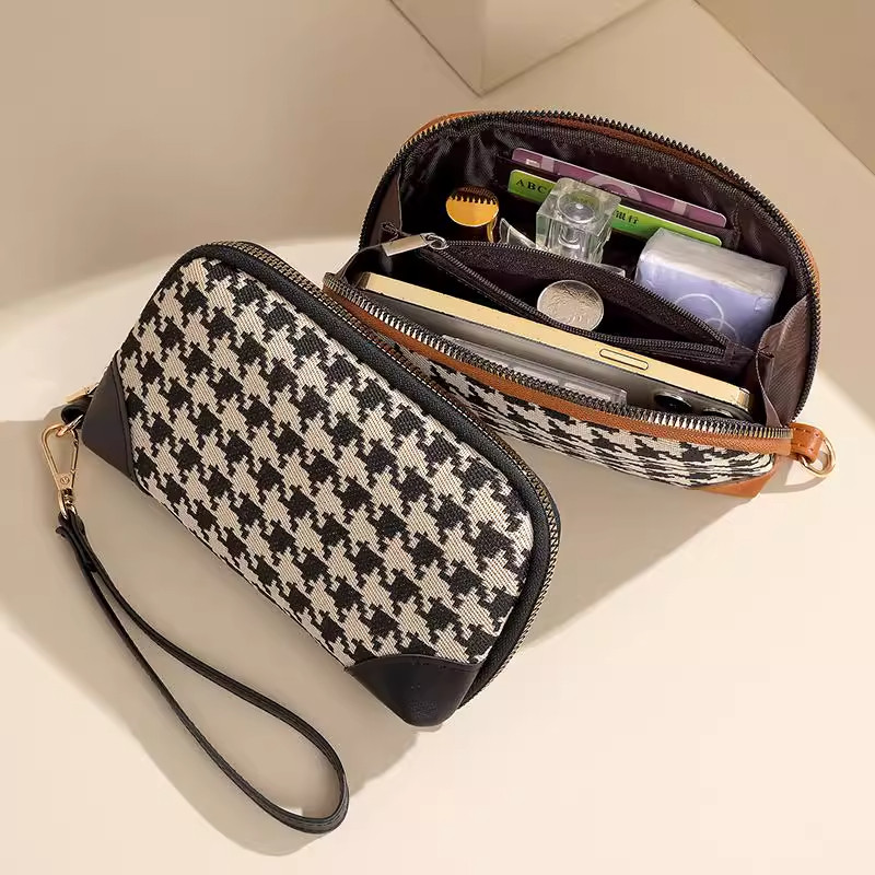 千鸟格手拿包女式包气质真皮质感钱包手提小包包简约百搭零钱夹包