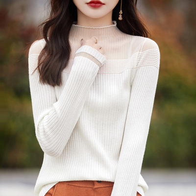 100%羊毛蕾丝半高领打底衫女