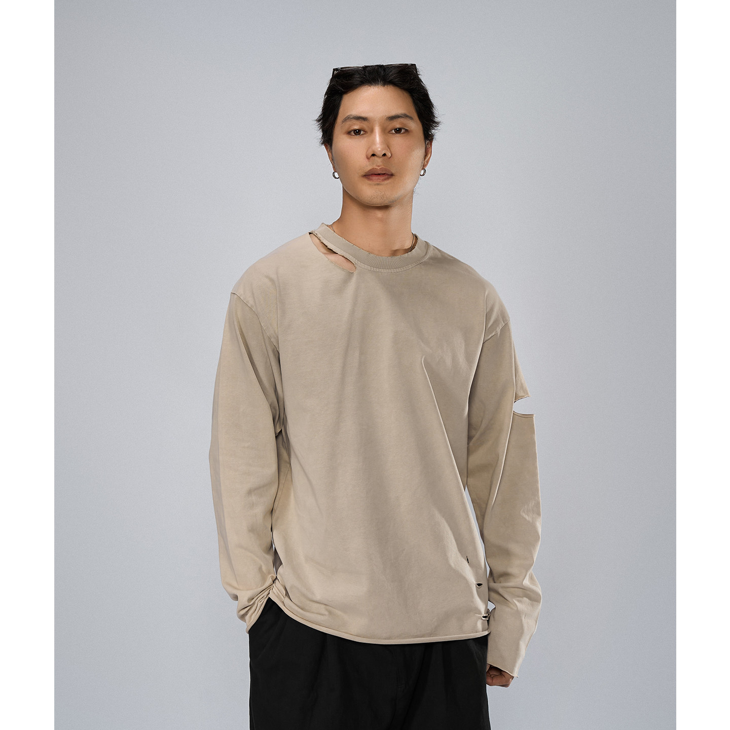 DOKIE 2025早秋美式oversize纯棉做旧破洞高街潮宽松长袖T恤男tee