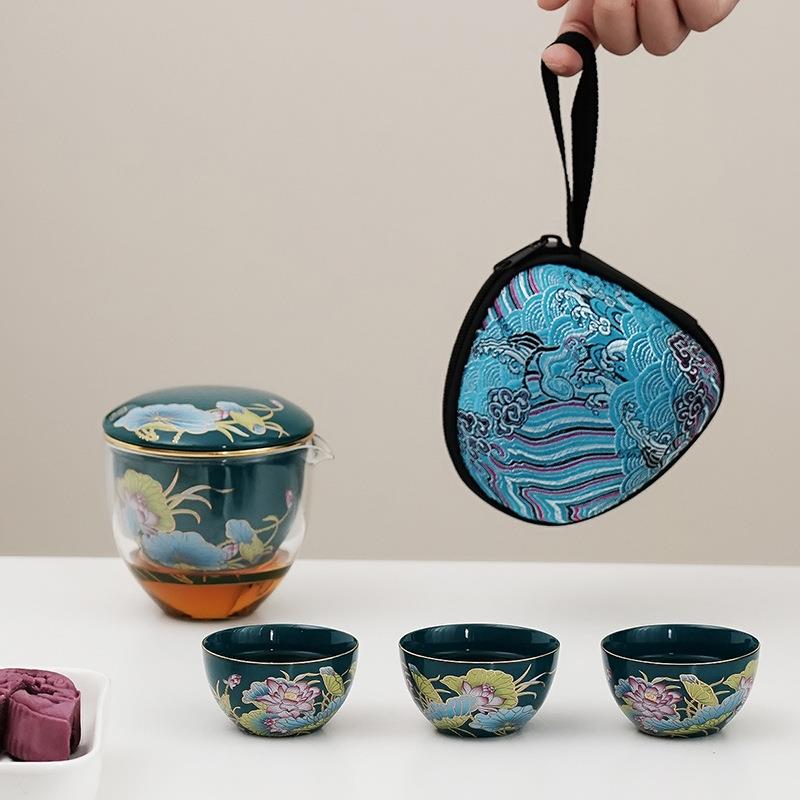 荷韵快客杯户外随身泡茶陶瓷过滤一壶三杯便携旅行茶具套装玻璃