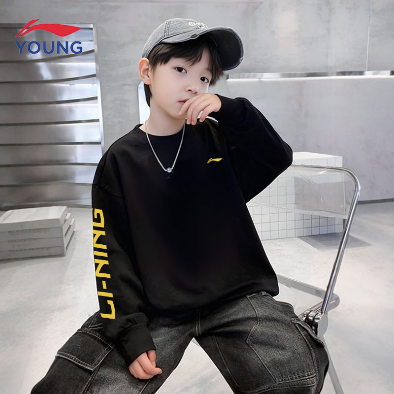 LI-NING KIDS李宁童装T恤2024新款春秋季薄款卫衣宽松黑色上衣