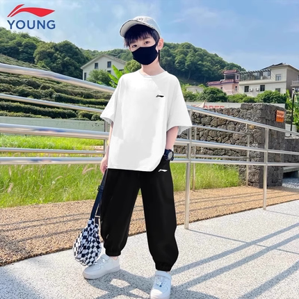 李宁童装男童套装夏季2025新款儿童速干衣短袖长裤子男童运动夏装