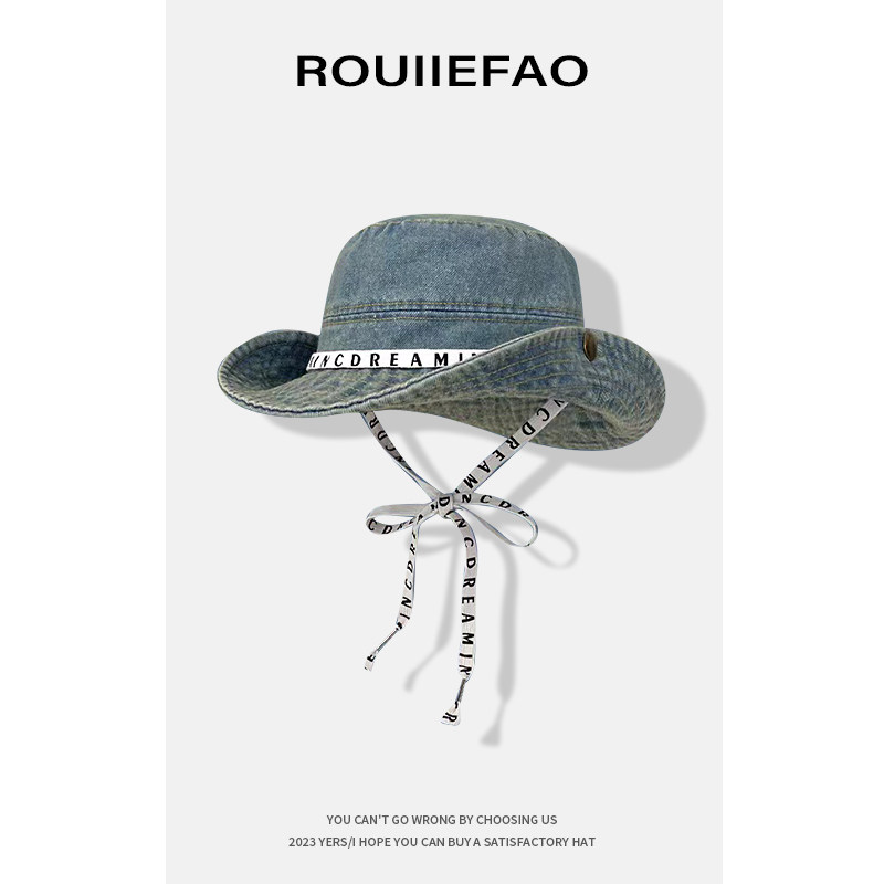 ROUIIEFAO字母绑带牛仔渔夫帽子女户外徒步登山帽夏季大檐遮阳帽