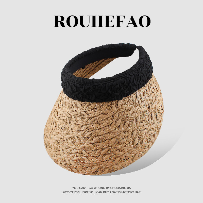 发箍式大檐空顶草帽女夏季出游遮脸防晒太阳帽海边度假沙滩遮阳帽