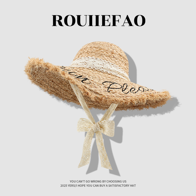 ROUIIEFAO草帽蕾丝系带大帽檐