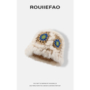 ROUIIEFAO兔毛醒狮帽子女秋冬可爱保暖毛绒渔夫帽手工针织毛线帽