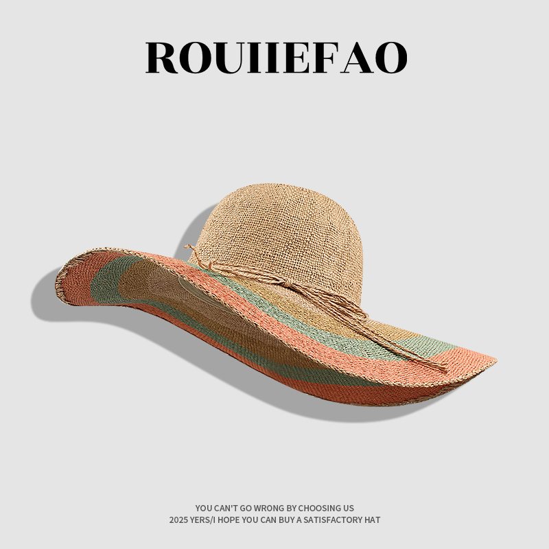 ROUIIEFAO草帽大帽檐彩色拼接