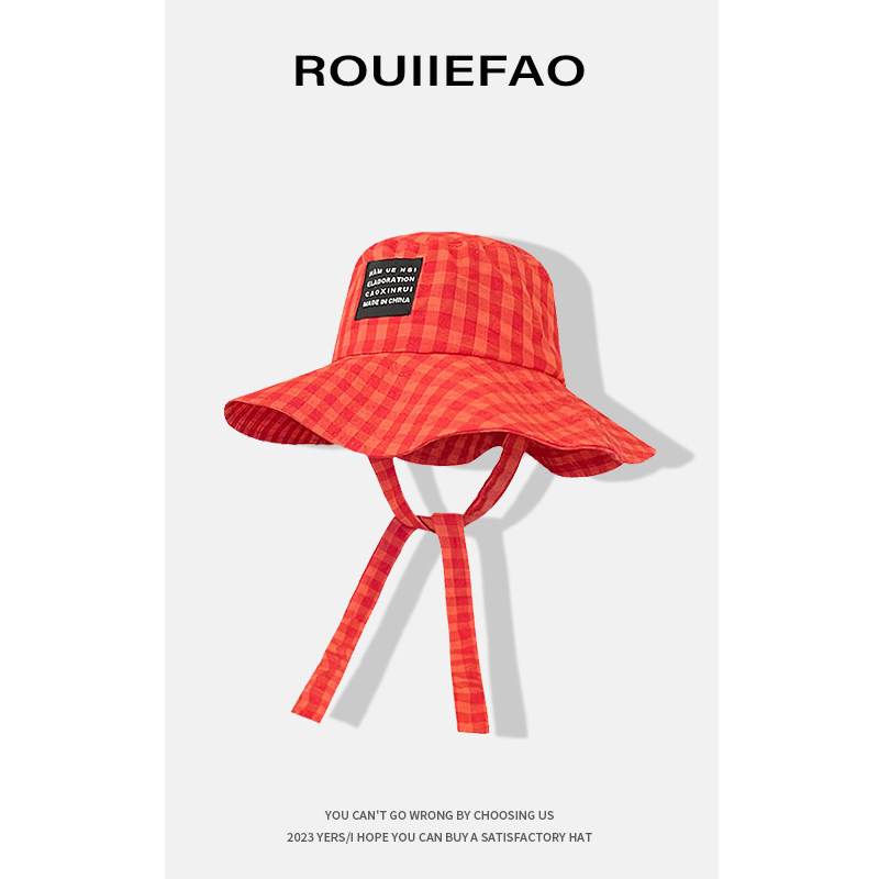 ROUIIEFAO复古格子宽边系带渔夫帽子女夏季出游度假遮阳帽防晒帽,服饰配件/皮带/帽子/围巾,帽子,淘宝优惠券,粉丝福利购,淘宝优惠卷