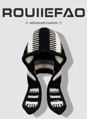 韩系拼色条纹巴拉克拉法帽女秋冬保暖针织帽子围巾一体护耳套头帽