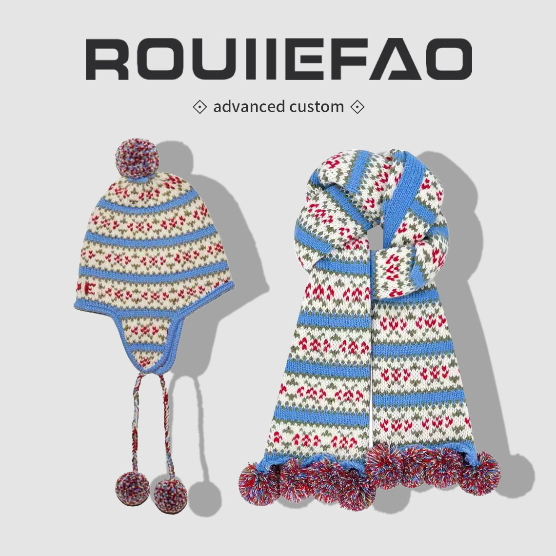 费尔岛风提花球球针织围巾女冬季氛围感加厚保暖防寒围脖毛线帽子