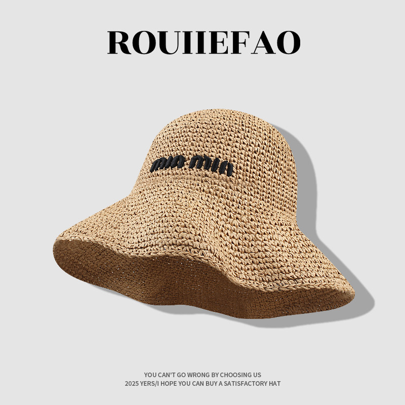 日系字母刺绣草编渔夫帽子女夏季海边度假沙滩帽大檐防晒遮阳草帽