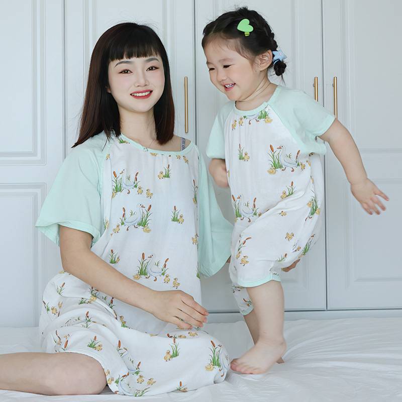 双层短袖亲子睡衣裙竹棉亲子睡裙宝宝睡袋妈妈睡裙家居服A类夏季