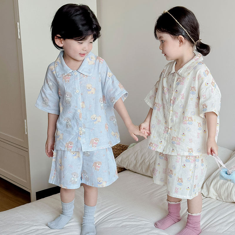 新品!儿童纯棉短袖套装夏男女宝宝睡衣中小童宽松棉纱空调家居服