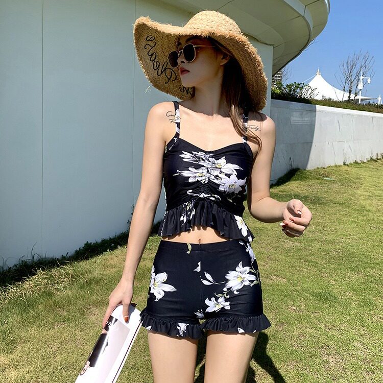 大码微胖mm女孩泳衣女款泡温泉遮肚显瘦保守高级感分体三件套泳装