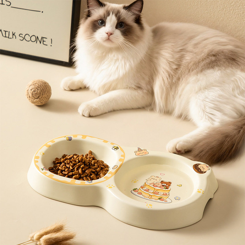 蛋糕熊陶瓷宠物碗可爱防打翻猫食盆保护颈椎猫碗狗碗大口径喝水碗