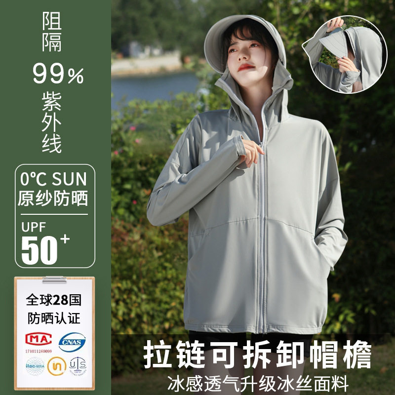 防晒衣女款可拆卸大帽檐冰丝防紫外线轻薄冰凉透气骑车外穿中长款