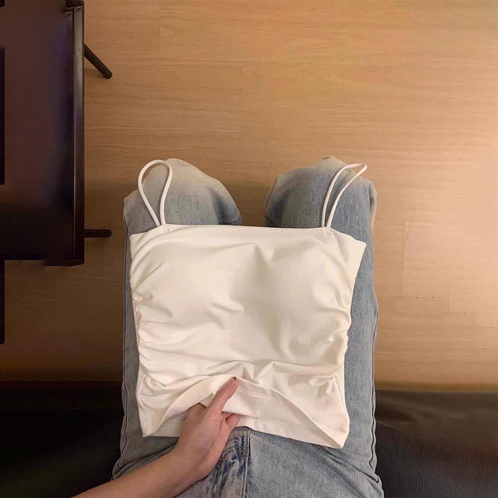 韩版纯欲一字领吊带纯棉美背内衣背心带胸垫褶皱显瘦短款抹胸上衣