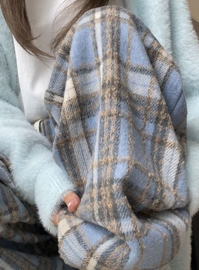 SX蓝色毛呢格子裤子女秋冬新款高腰垂感休闲拖地复古加绒阔腿裤