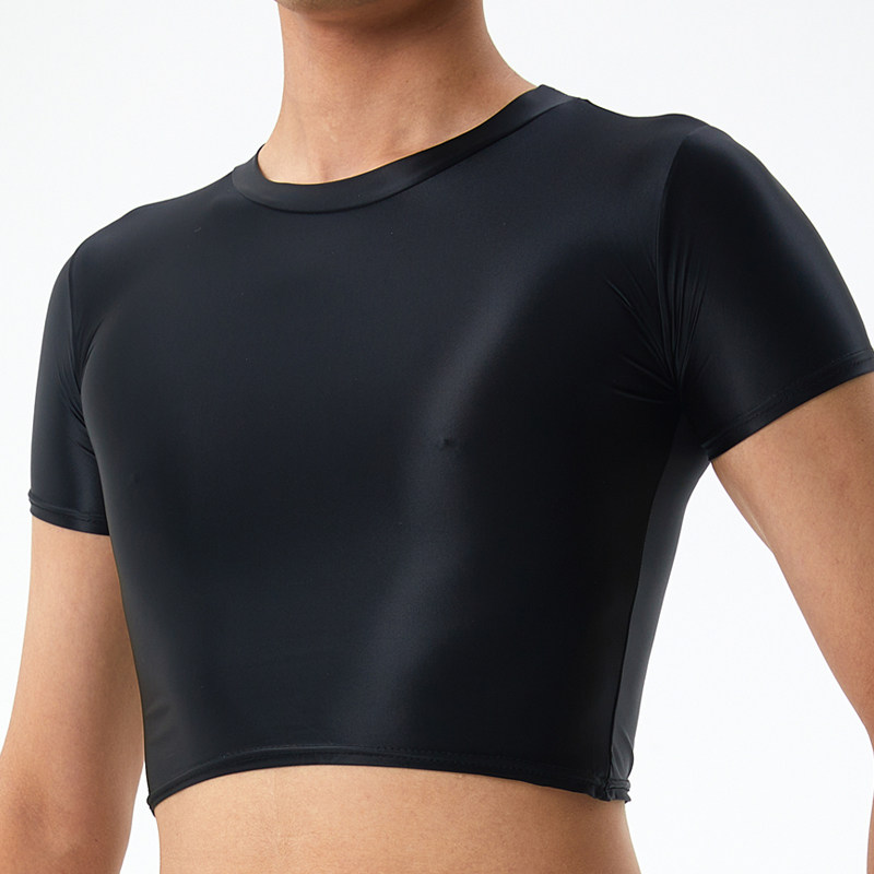 大码男款超短油亮上衣透气性感透明露脐装紧身衣半截健身运动打底