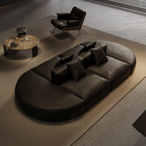 极简黑色双面背靠背真皮沙发