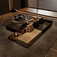 双面拼色钢琴键真皮沙发客厅横厅意式别墅大户型大平层轻奢高级感