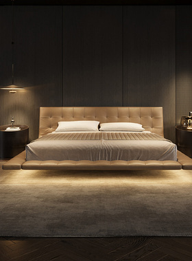 意式轻奢极简悬浮床真皮头层牛皮现代简约poliform端豪华主卧大床